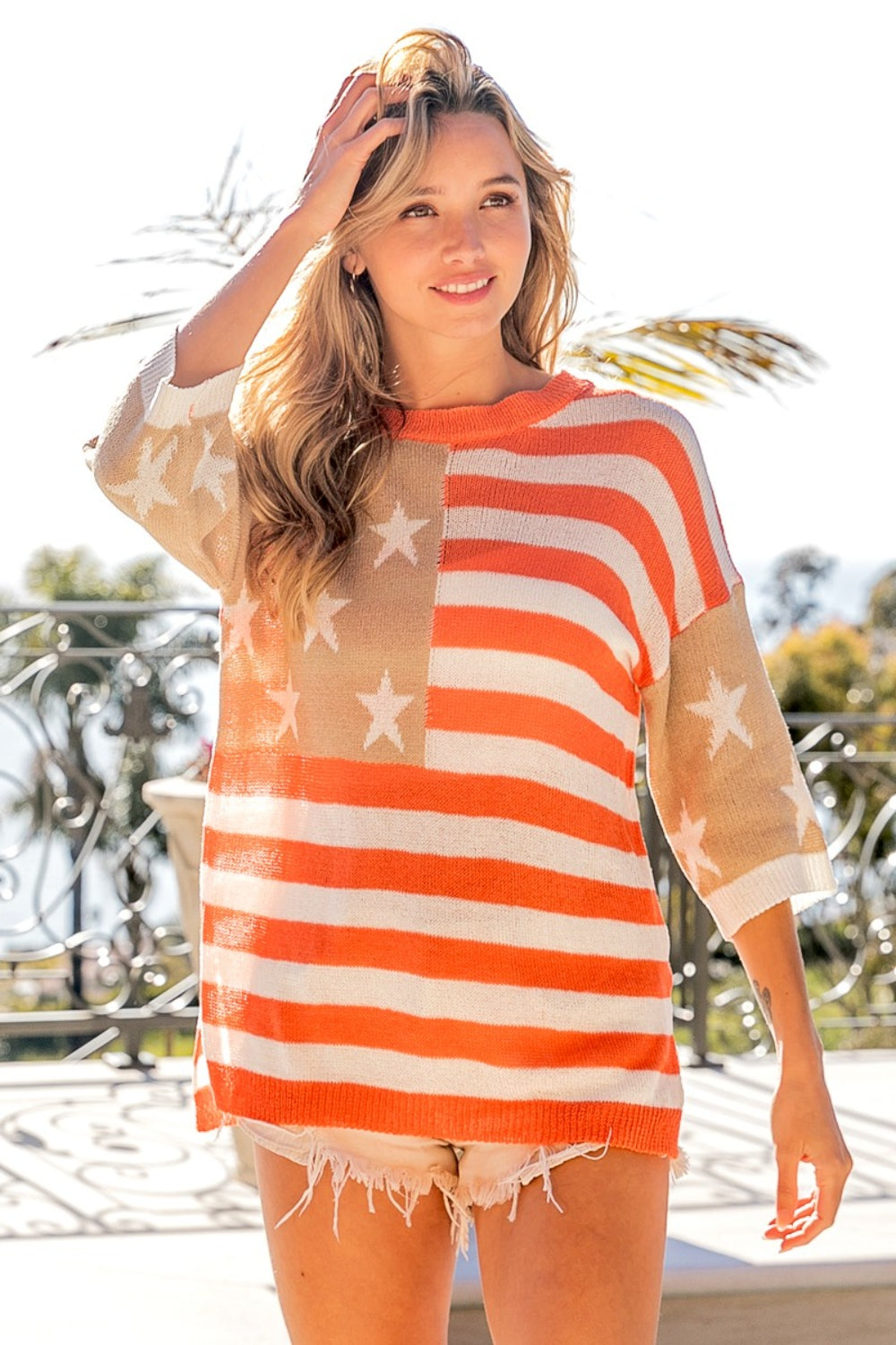 American Flag Round Neck Knit Top