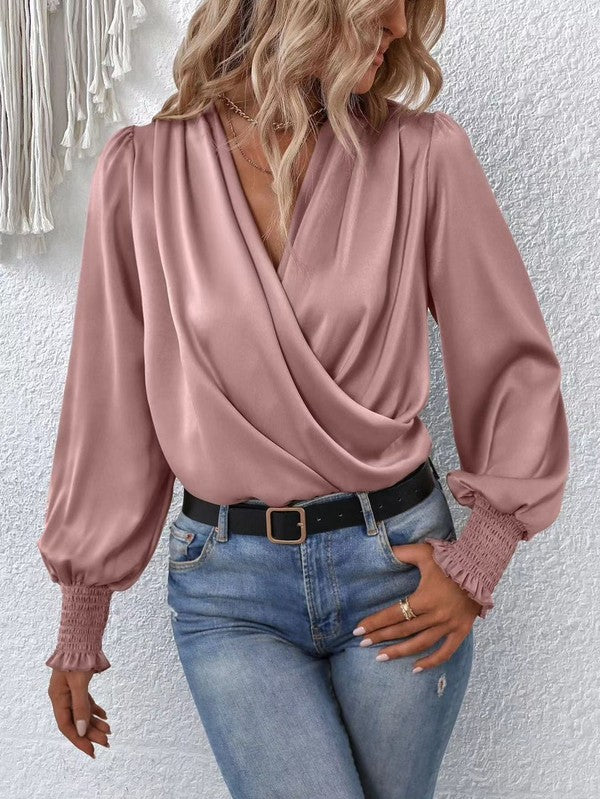 Crossover long sleeve silk blouse