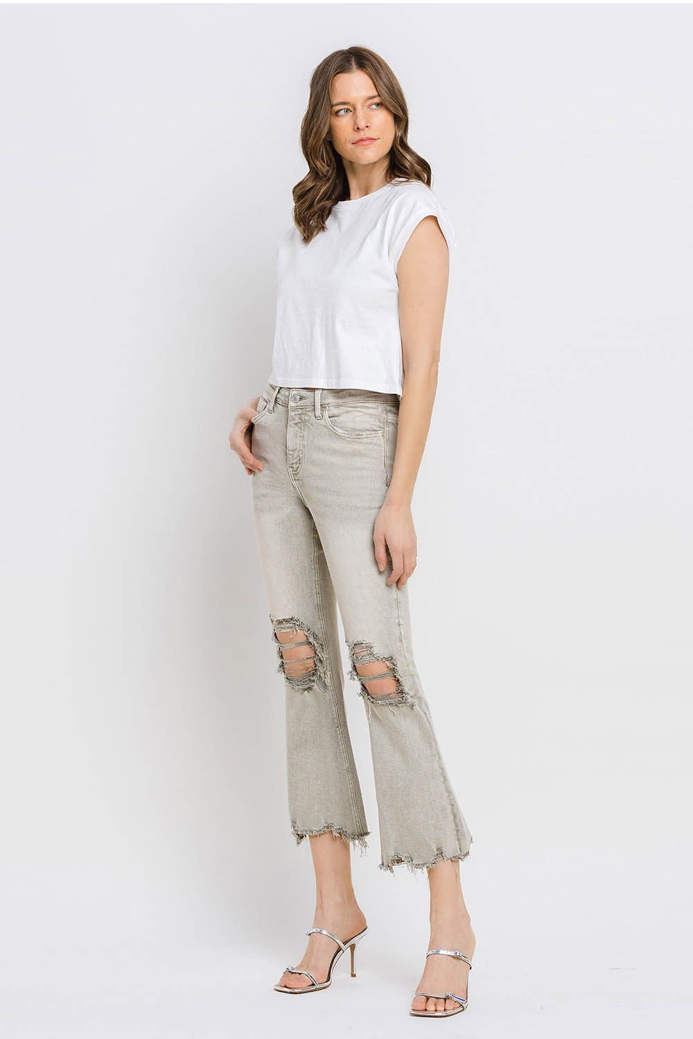 Distressed Raw Hem Cropped Flare Jeans
