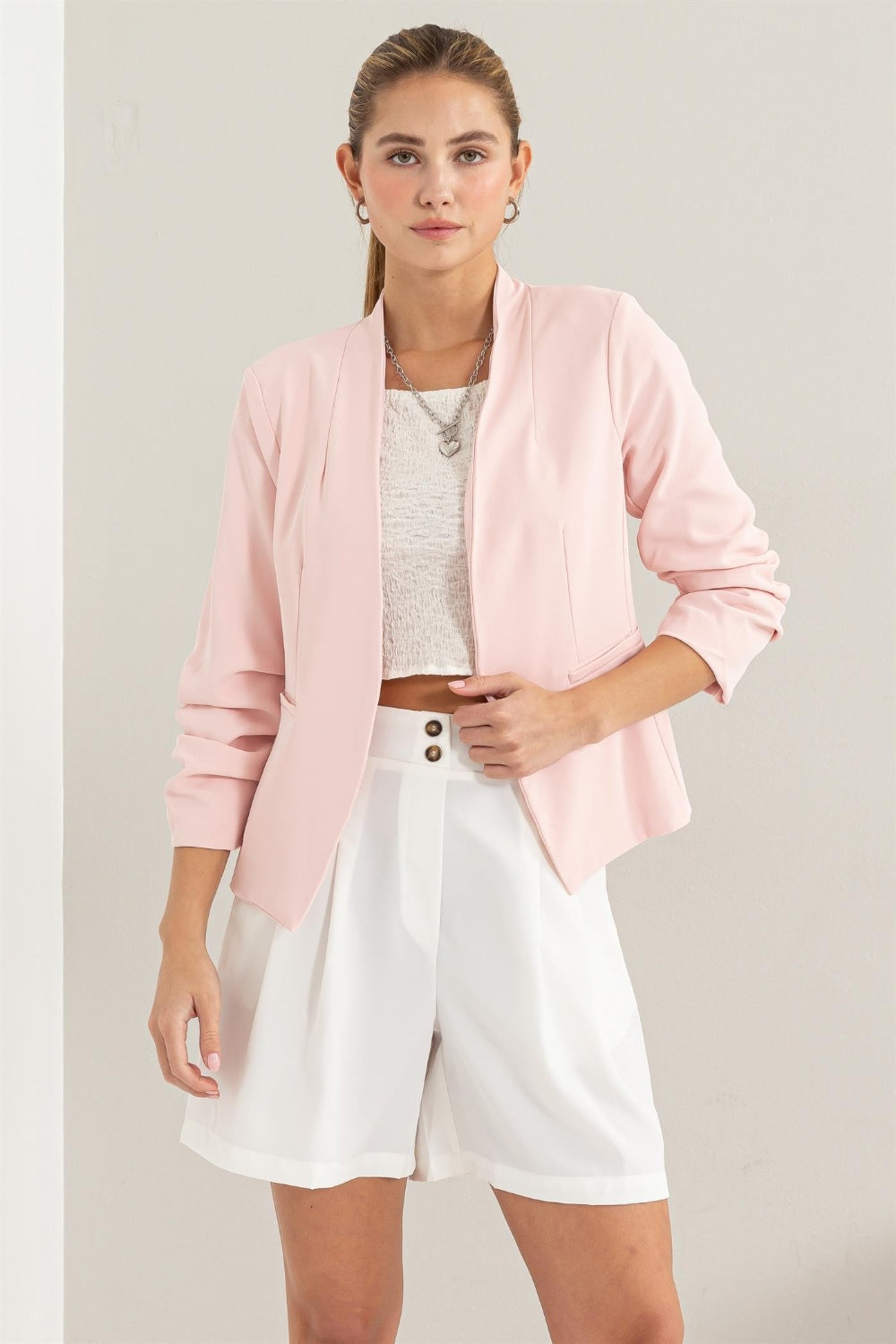 Open Front Ruched Sleeve Blazer