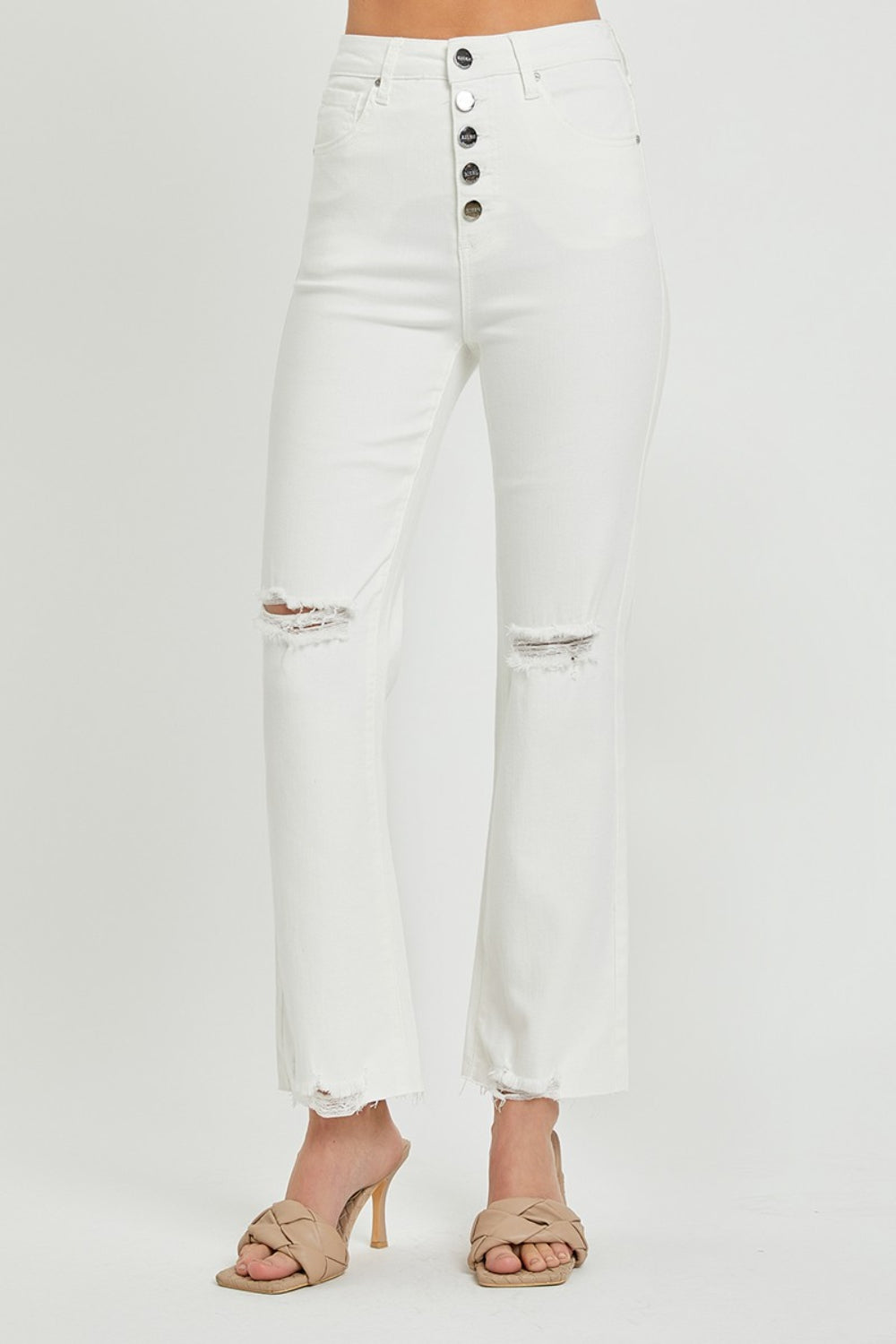High Rise Button Fly Straight Ankle Jeans