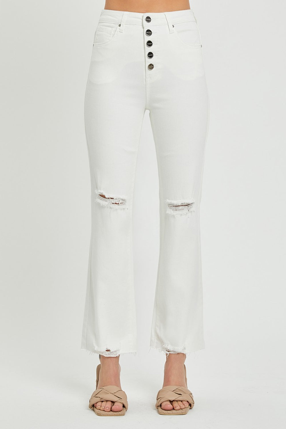 High Rise Button Fly Straight Ankle Jeans
