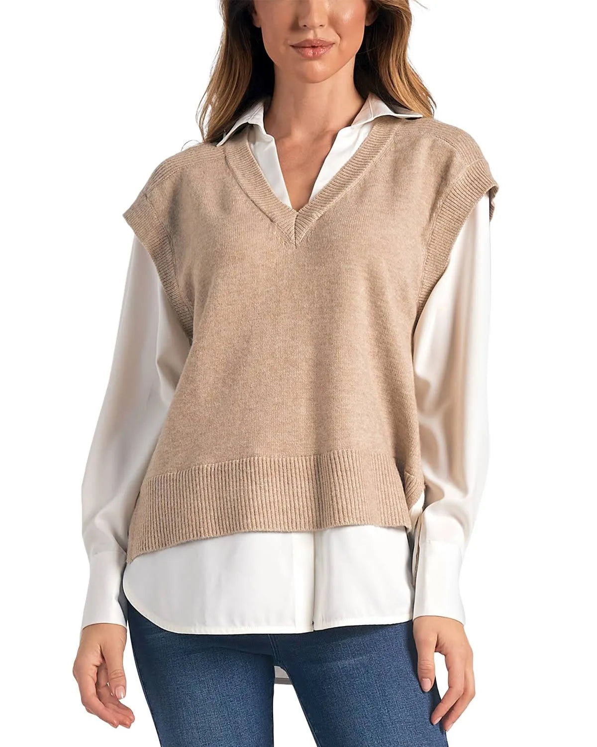 Sweater Vest/Shirt Combo in Taupe/White