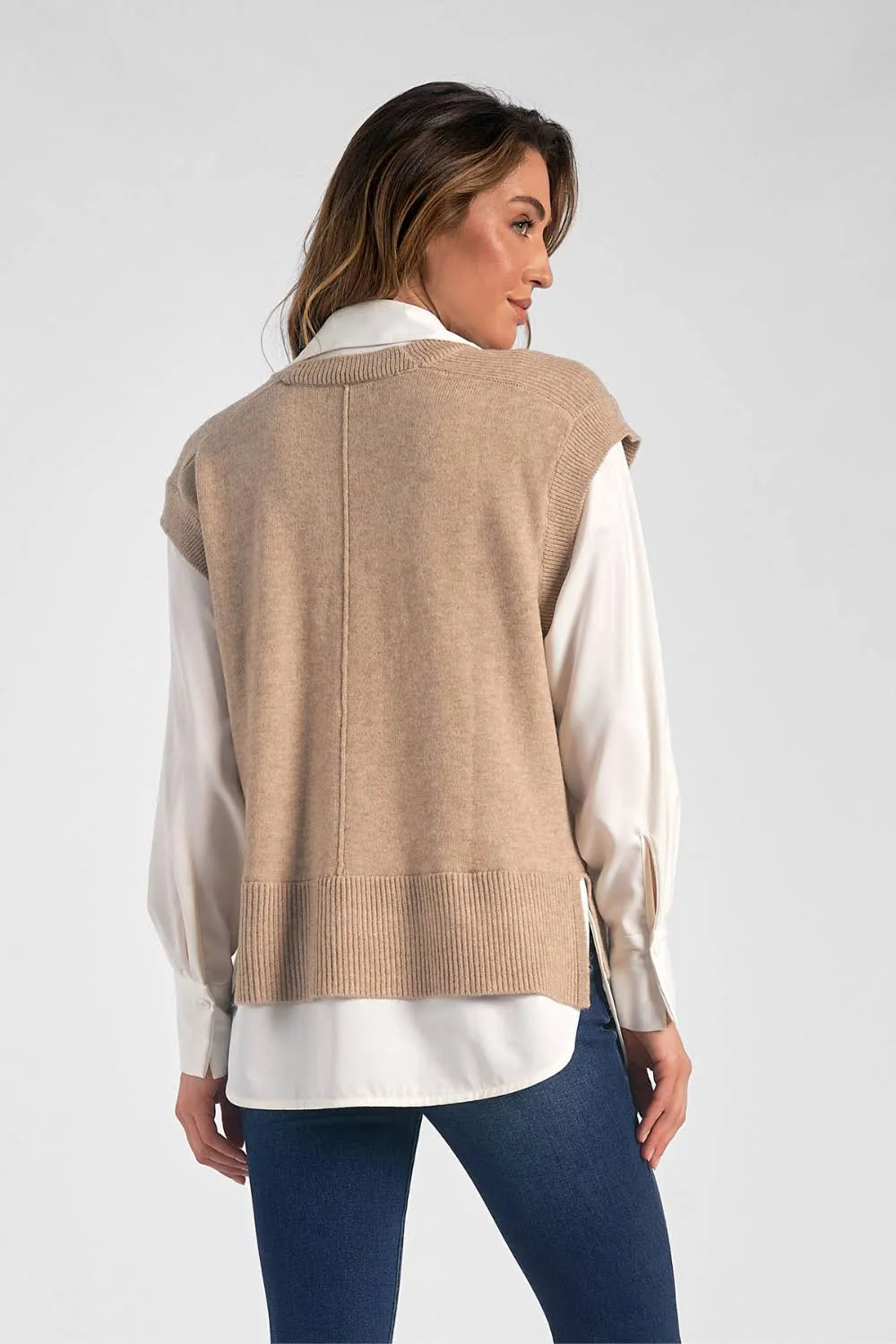 Sweater Vest/Shirt Combo in Taupe/White