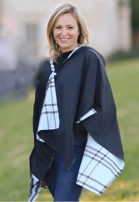 Hooded Black & Light Blue Plaid RAINRAP | Women's Rain Poncho