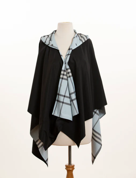 Hooded Black & Light Blue Plaid RAINRAP | Women's Rain Poncho