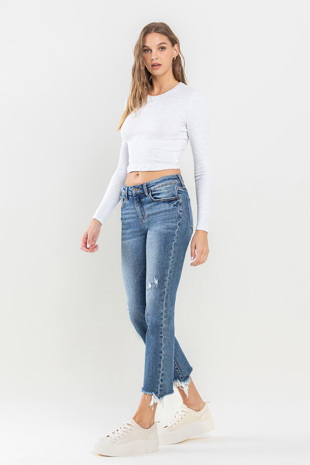 Mid Rise Frayed Hem Jeans