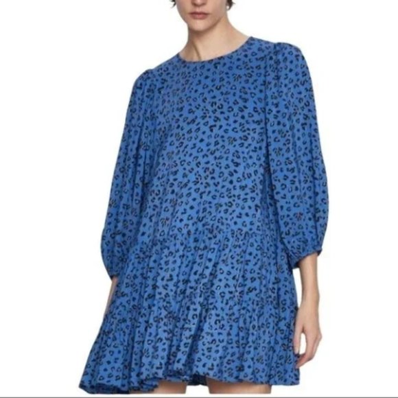 Zara Blue Animal Print Mini Tiered Swing Dress Medium Casual Spring Summer