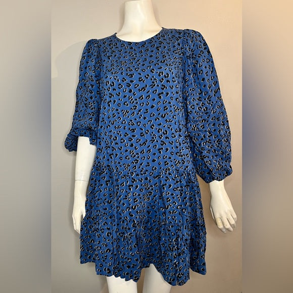 Zara Blue Animal Print Mini Tiered Swing Dress Medium Casual Spring Summer