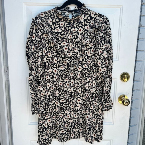 Zara Black Floral Long Sleeve Dress- Size Large