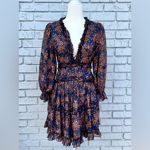 Angel Biba Long Sleeve, Navy & Brown Open Back Dress Size Medium