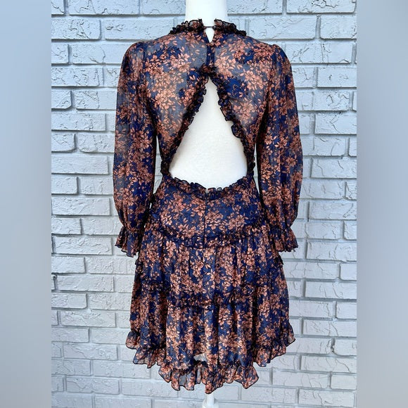 Angel Biba Long Sleeve, Navy & Brown Open Back Dress Size Medium