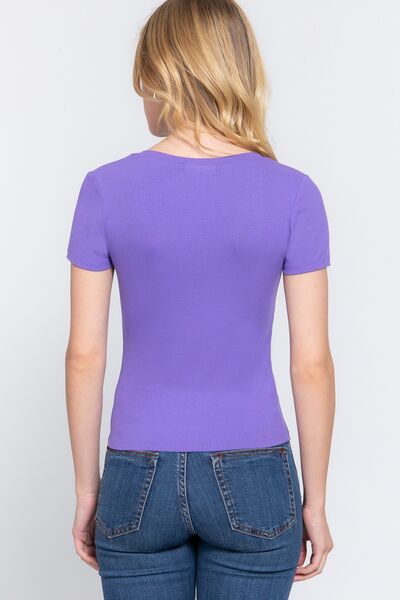BASIC V-Neck Ribbed Short Sleeve Knit T-Shirt