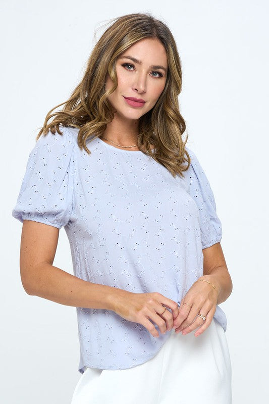 Round neck Puff Sleeve Top with Embroidery-Blue