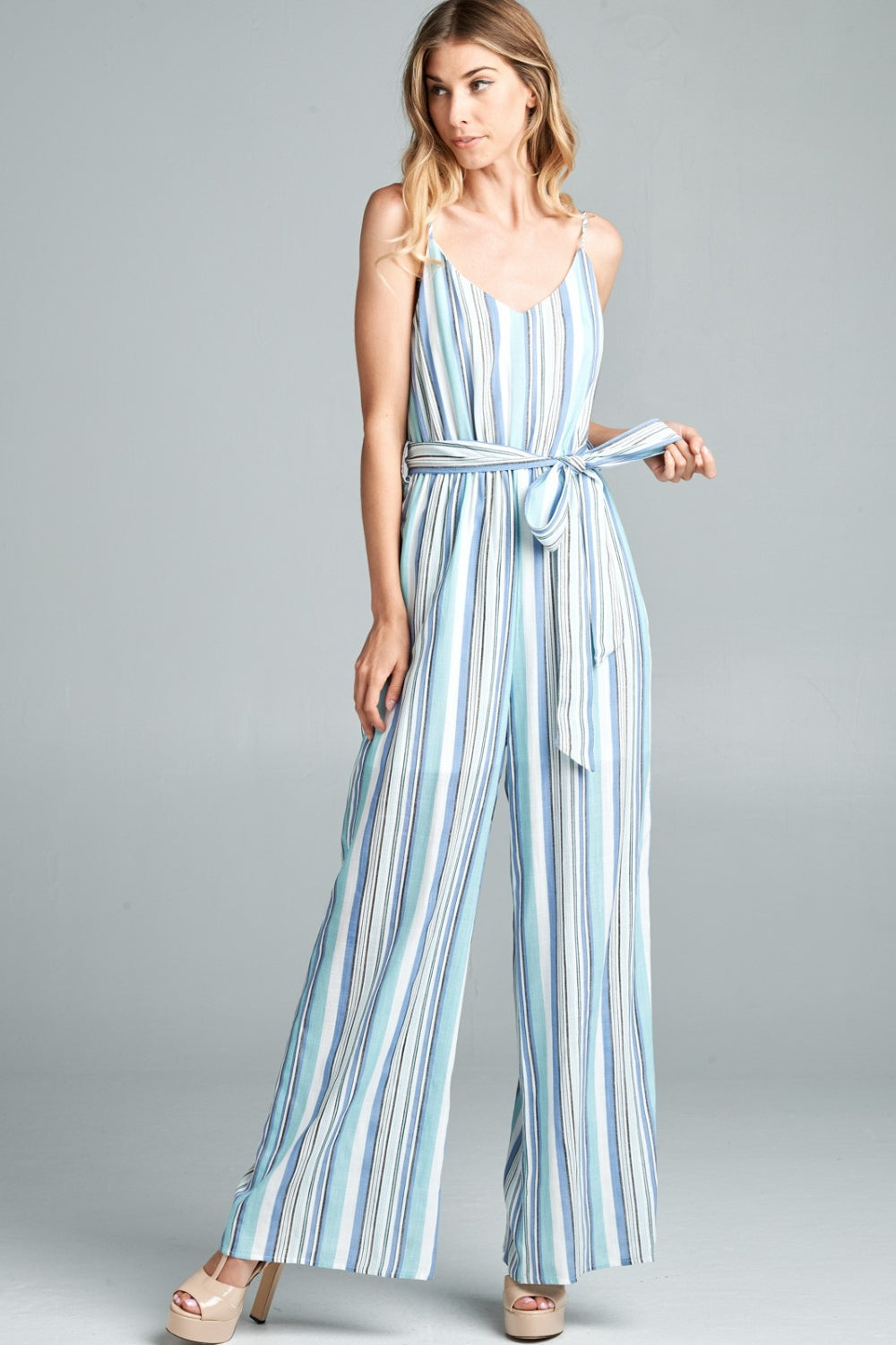 Tie Front Striped Sleeveless Jumpsuit