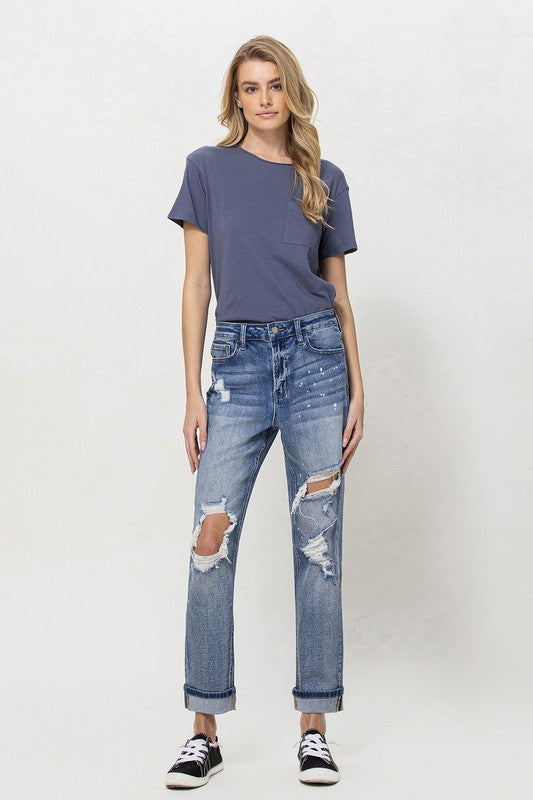 Stretch Boyfriend Jeans with Paint Spatter Detail