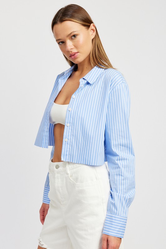 Striped Cropped Shirt with Cut Edge