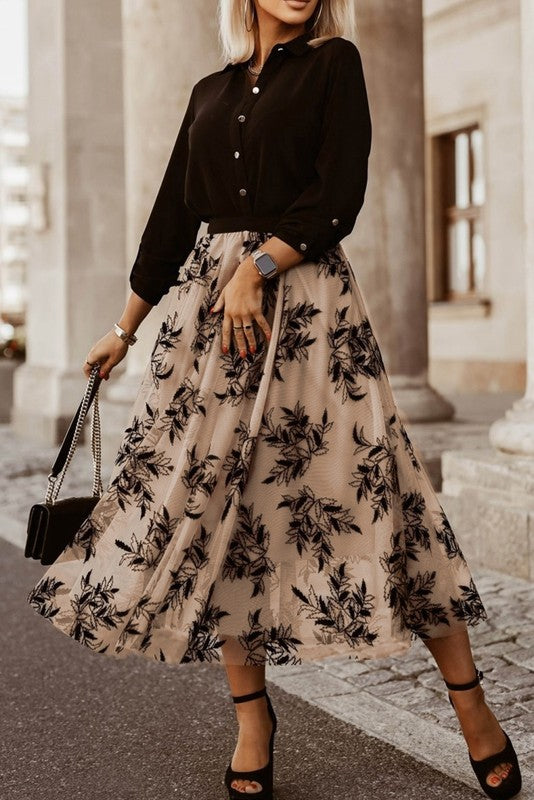Embroidered High Waist lined Black  Maxi Skirt