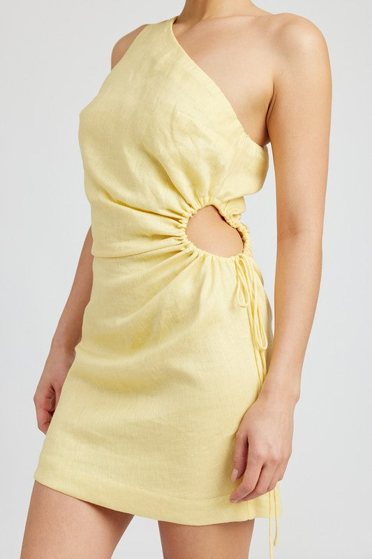 One Shoulder Linen Mini Dress with Keyhole