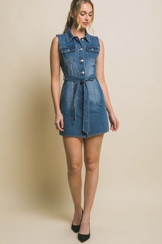 Denim Sleeveless Dress with Waist Tie