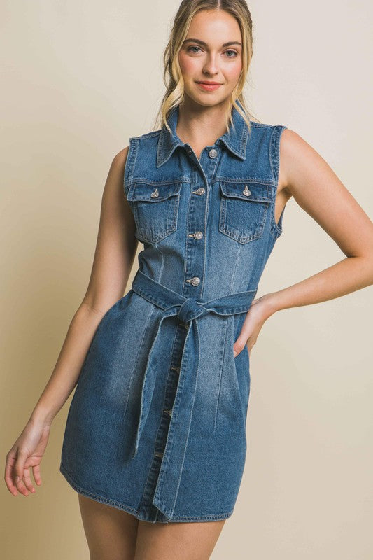 Denim Sleeveless Dress with Waist Tie