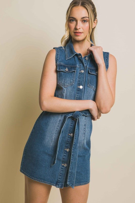 Denim Sleeveless Dress with Waist Tie