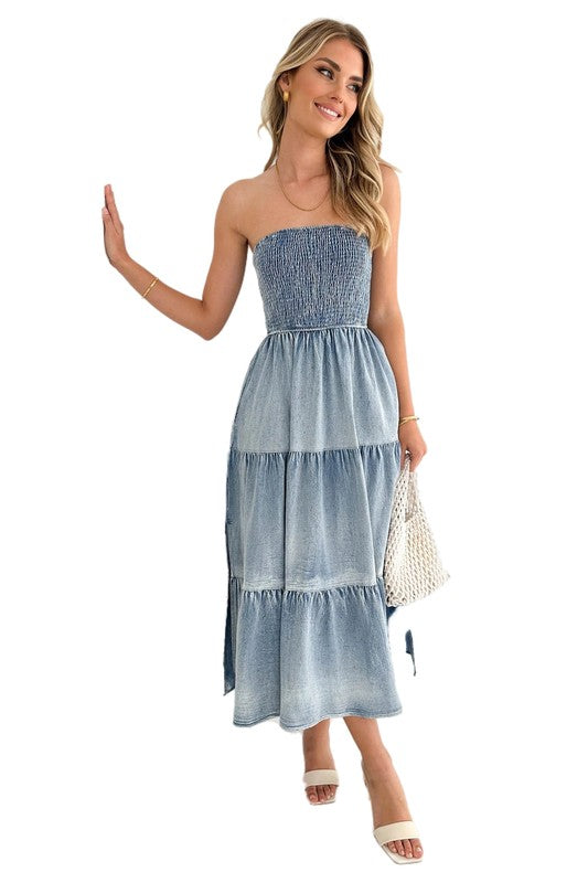 Denim Strapless Midi Dress