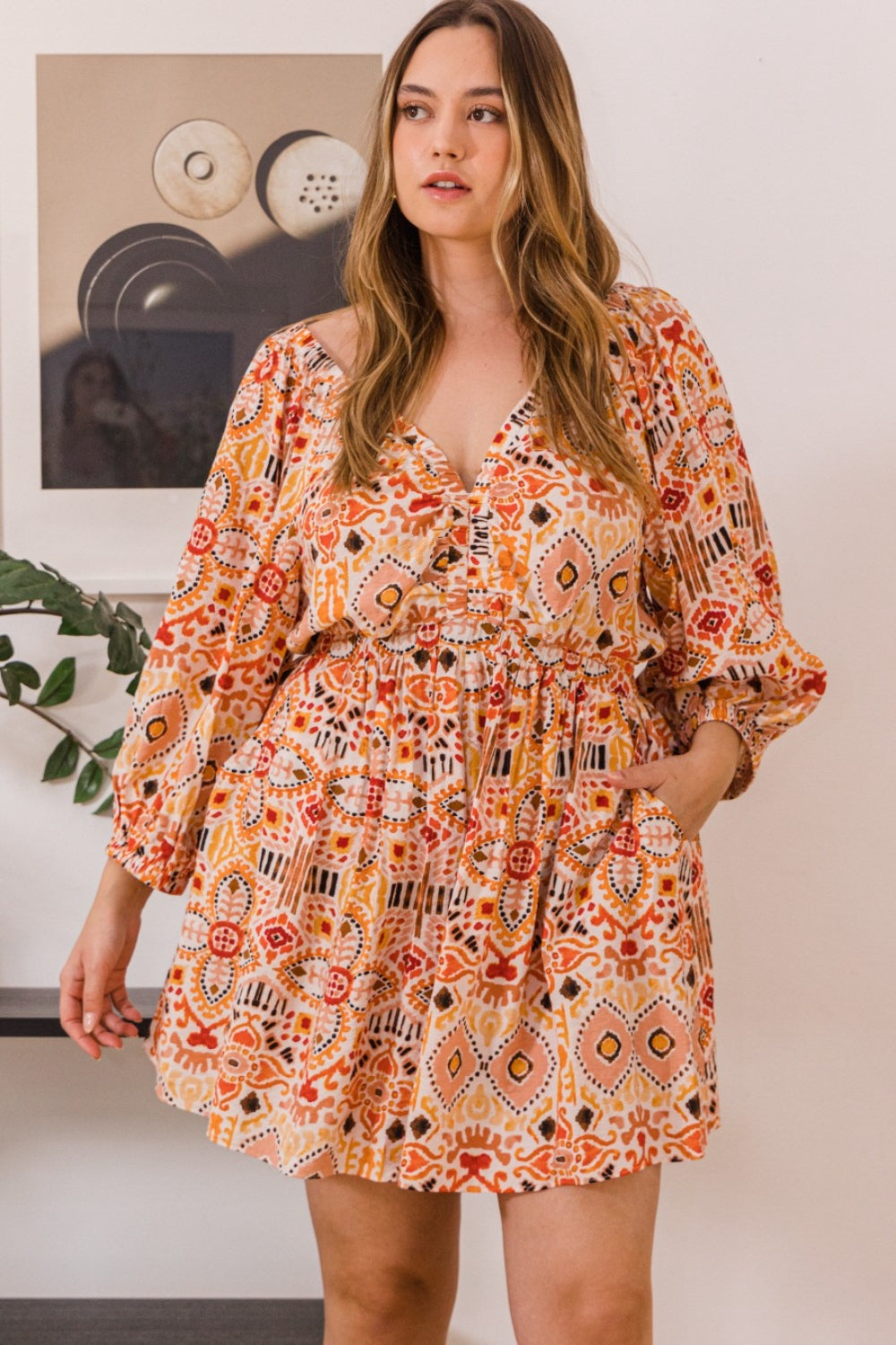 Printed Ruff Sleeve Romper with Pockets