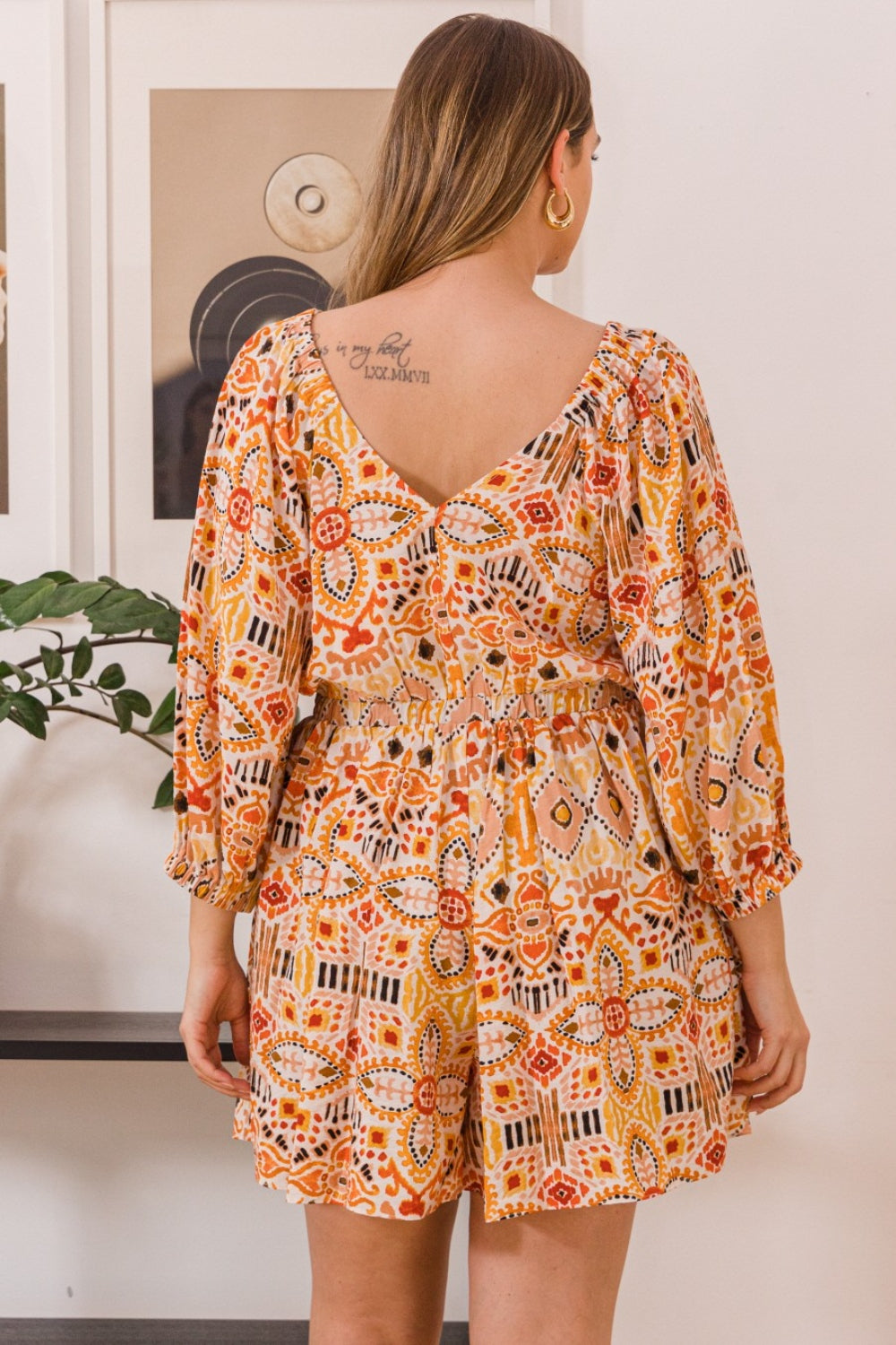 Printed Ruff Sleeve Romper with Pockets