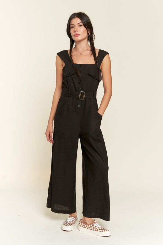 Sleeveless Square Neck Button Down Ankle Jumpsuit