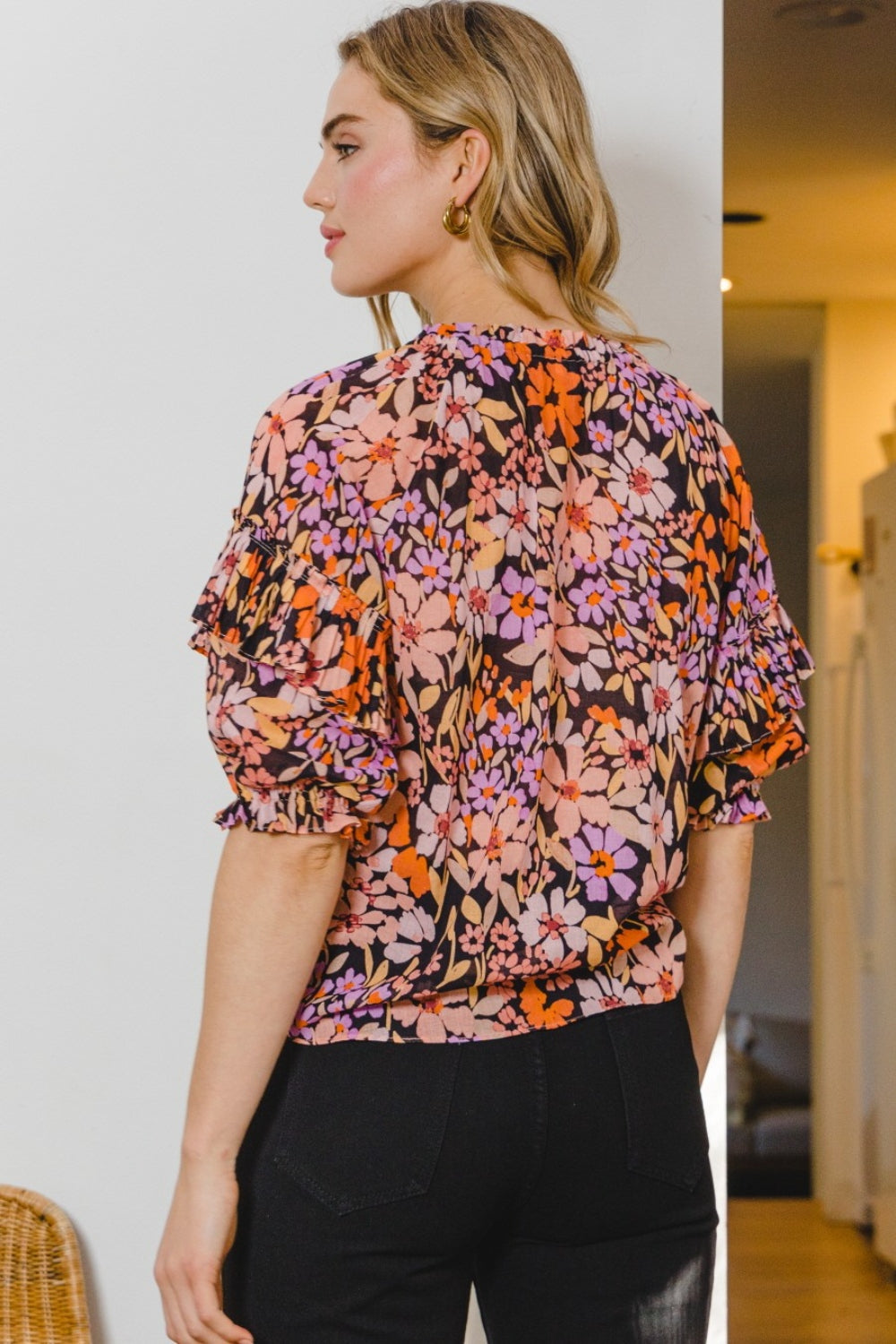 Floral Tie Neck Ruffled Blouse