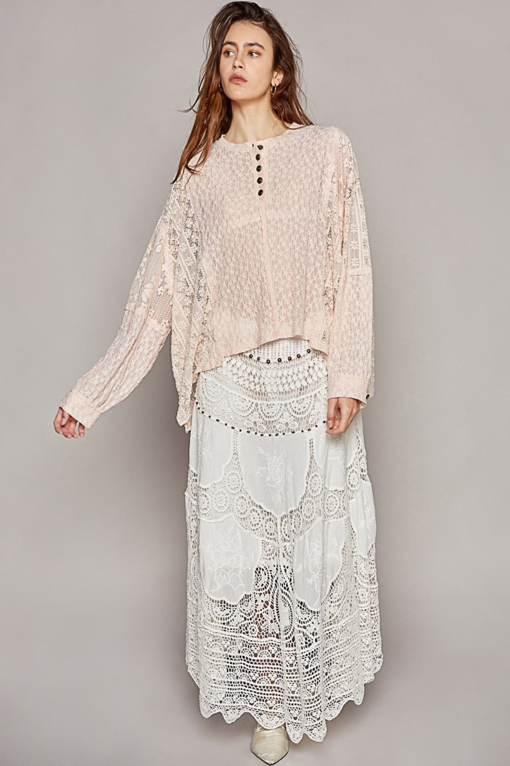 Round Neck Long Sleeve Raw Edge Lace Top