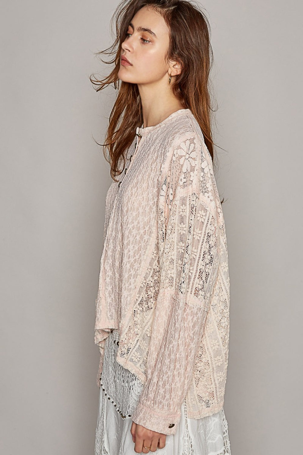 Round Neck Long Sleeve Raw Edge Lace Top