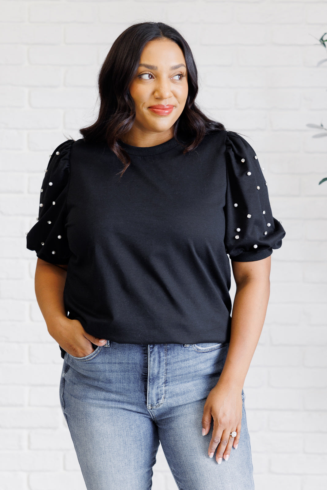 Diamonds and Pearls Puff Sleeve Top in Black