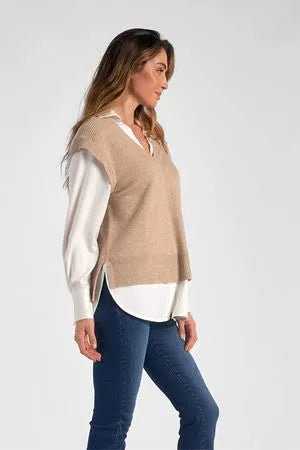 Sweater Vest/Shirt Combo in Taupe/White