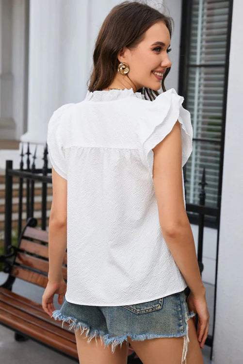 White Ruffle Accent Flutter Top