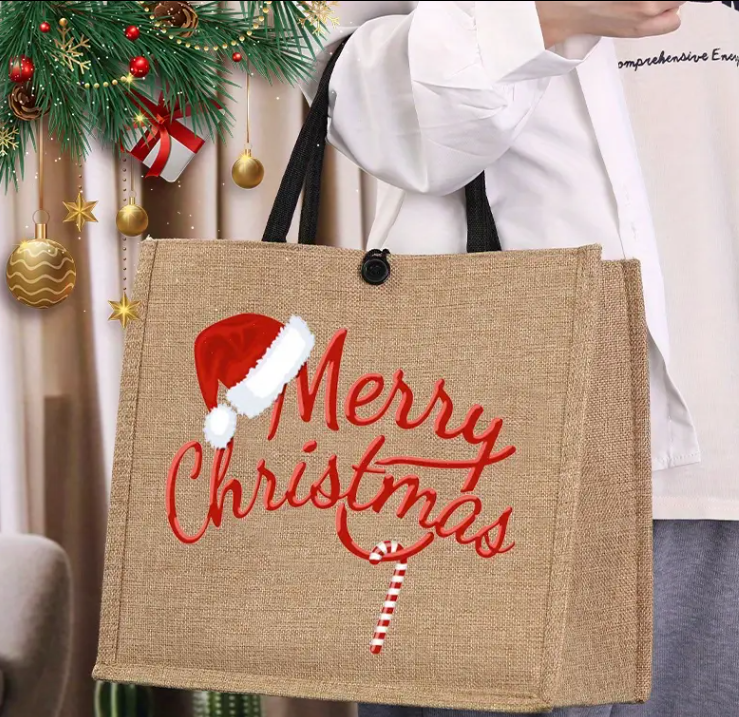 Burlap Tote Bag with Christmas Letter Print