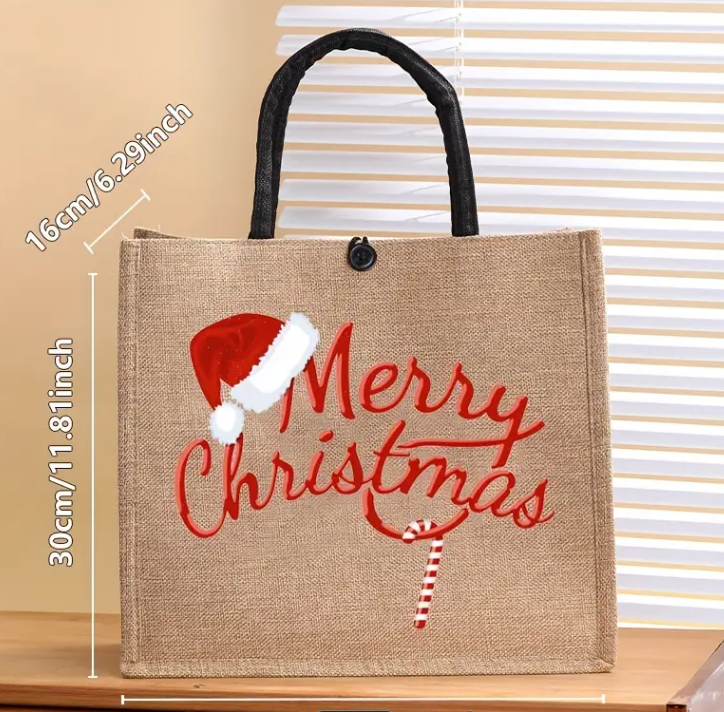 Burlap Tote Bag with Christmas Letter Print