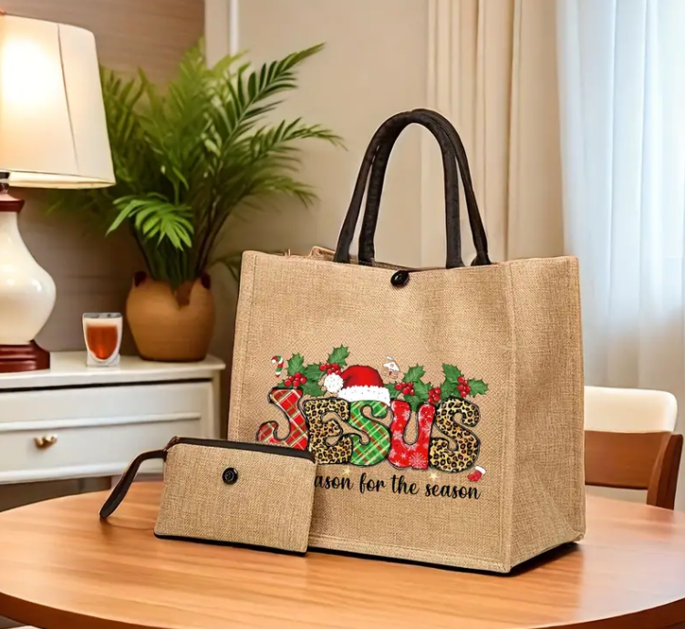 2-Piece Chic Holiday Print Tote Set with Matching Coin Purse