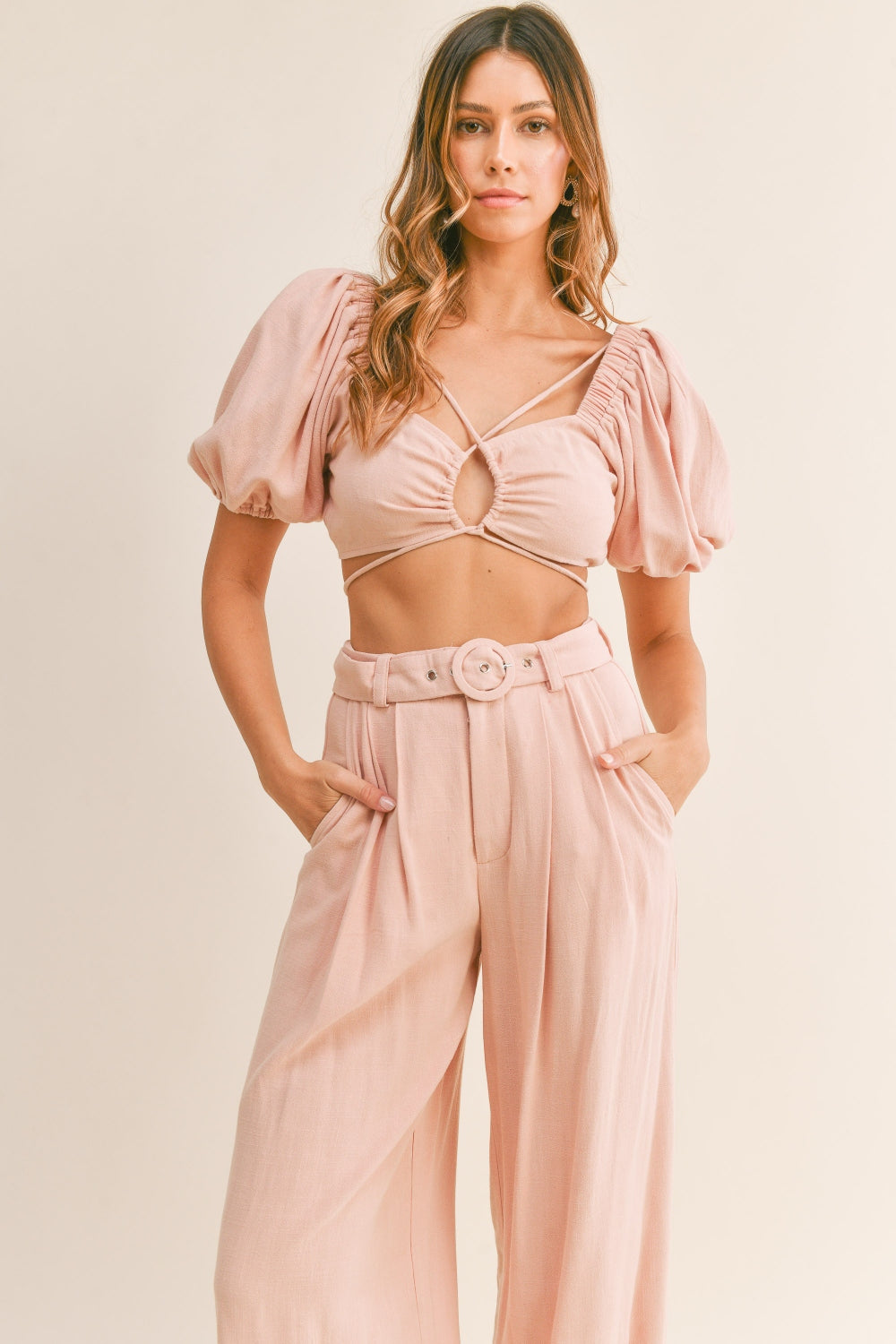 Cut Out Drawstring Crop Top and Belted Pants Set