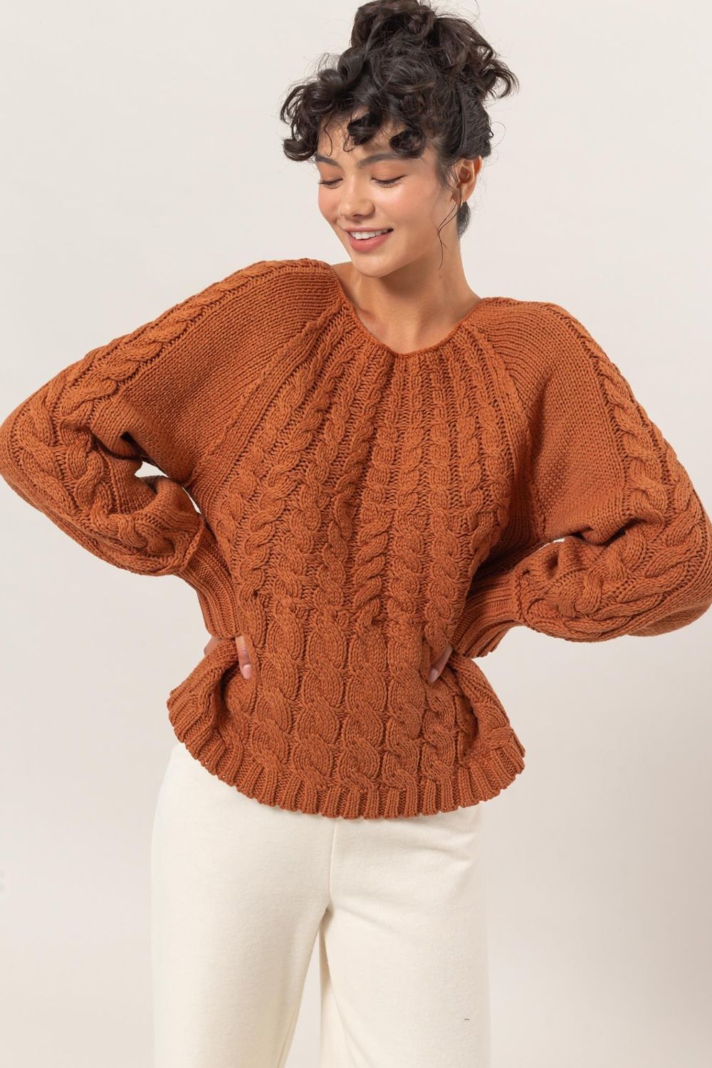 Cable-Knit Round Neck Raglan Sleeve Sweater