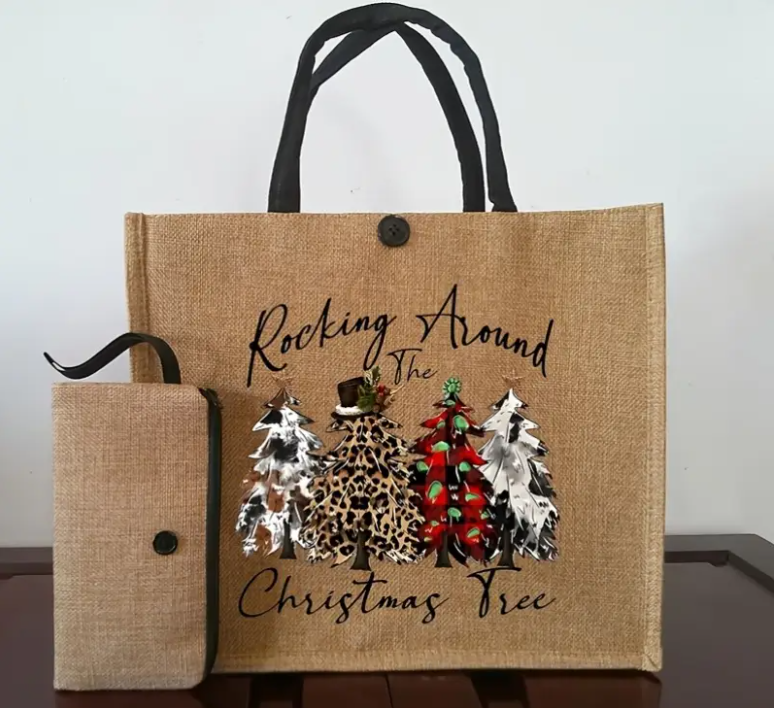 2-Piece Chic Holiday Print Tote Set with Matching Coin Purse