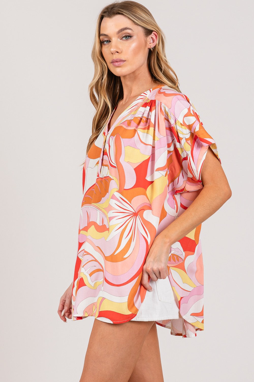 Abstract Print Half Button Blouse