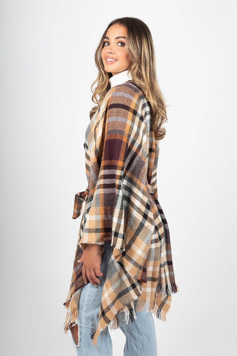 Plaid Ruana with Belt Fall Camel Brown