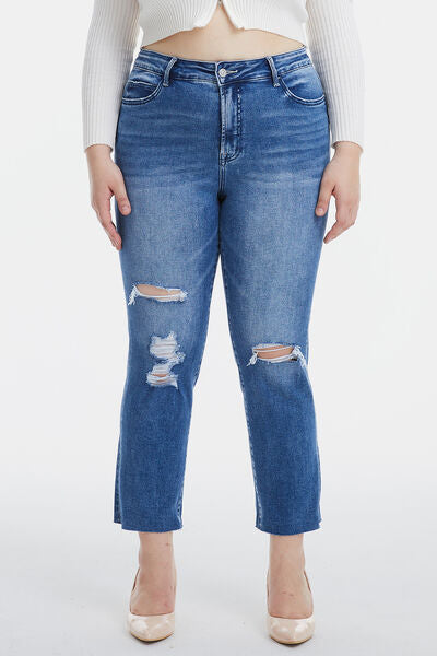 High Waist Distressed Cat's Whiskers Straight Jeans