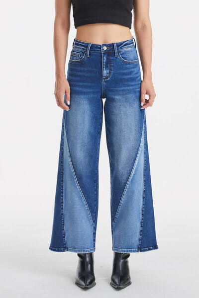 High Waist Two-Tones Patched Wide Leg Jeans