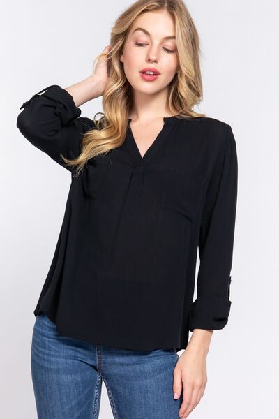 Notched Long Sleeve Woven Top