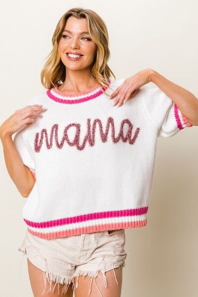 MAMA Contrast Trim Short Sleeve Sweater