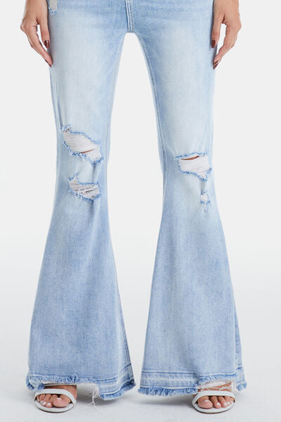 Distressed Raw Hem High Waist Flare Jeans