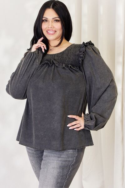 Mineral Wash Smocked Round Neck Blouse